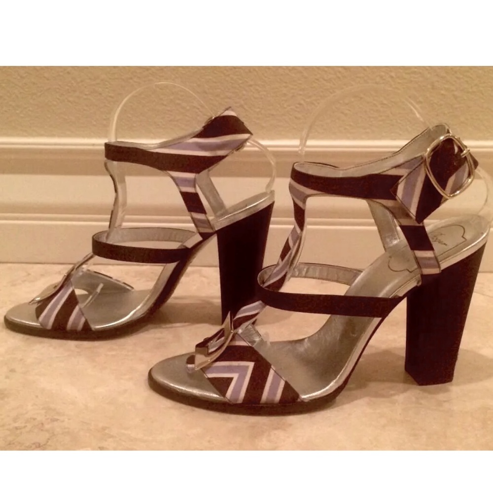 ROGER VIVIER Paris Heel Sandal Navy Lt Blue White Silk Silver US9 EU40 Italy NEW - Picture 6 of 7